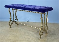Brass Plated Claw Footed Bench w/ Tufted Blue Seat