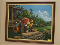 Large Oil on Canvas - People Waiting on Train, Cab