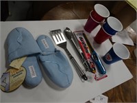Assorted new kitchen items / slippers
