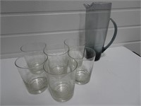 Set of six etched glasses and pitcher
