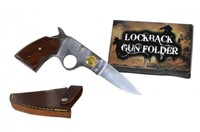 New 7" Brown Folding Gun Knife w/ Leather Holster