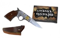 New 7" Brown Folding Gun Knife w/ Leather Holster