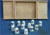 assorted collectors thimbles & wood box