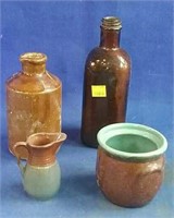 4 vintage pottery items & glass bottle