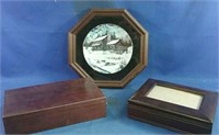 Framed collectors plate & 2 keepsake boxes