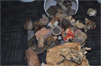 BUCKET OF ASSORTED ROCKS AND FOSSILS