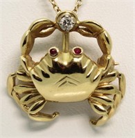 14kt Gold Ruby-Diamond Large Crab Pendant-Brooch
