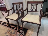 Pair of Harp Back Mahogany Open Arm Side Chairs, R