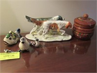 Six Table Articles: Porcelain Dogs, Carved Wood Bo