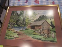 Watercolor Barn - River, Signed Zita
