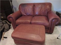 Leather Love Seat & Ottoman - Brown, Some Staining