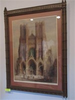 Hand Colored Lithograph - Rheims Cathedral, Signed