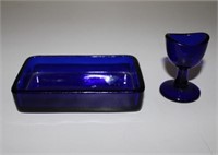 COBALT BLUE GLASS SOAP DISH AND EYE CUP