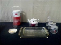 Teapot, glass baking pans, salt / pepper,