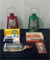 2 PC. Old lanterns, ship in a bottle,