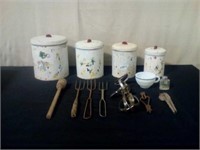 4 PC. Vintage canister set and kitchen utensils