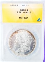 Coin 1878 8TF Morgan Silver Dollar ANACS MS62