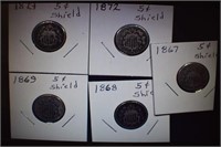 (5) Five-Cent Shield Coins - 1867-69, 72, 73