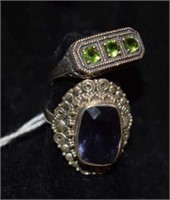 Two Sterling Silver Rings - One w/ Green Stones &