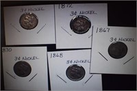 (5) Three-Cent Nickel Coins - 1867, 68, 70, 72, 74