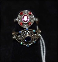 Two Sterling Silver Rings - One w/ Red Stones &