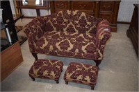 Small Upholstered Settee w/ Two Matching Stools