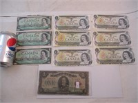 10 billets vintages de 1 dollar du Canada dont 1