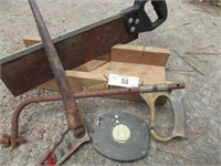 BL- 100 foot measuring tape, miter box, 3 saws