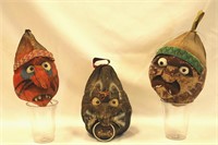 Lot of 3 Carved Painted Coconut Heads