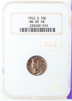 Coin 1942 Mercury Dime NGC MS65 Full Bands