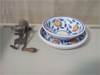 2 PC. Serving bowl set and vintage meat grinder