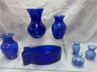 Assorted Blue Glass Vases, Etc