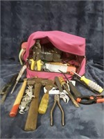 Pink tool bag with assorted tools