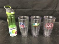 3 embroidered tumblers and contigo water bottle