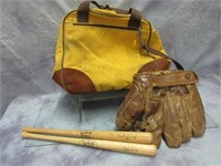 Two Little "Louisville Slugger" Bats, Glove, Bag