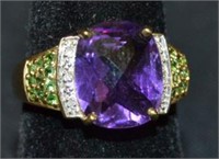 10k Gold Amethyst, Diamond & Peridot Lady's Ring