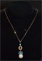14k Gold Box Chain W/ FW Pearl & Turquoise Pendant