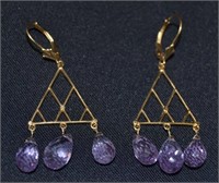 14k Gold Large Dangling Earrings With Amethysts