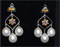 14k Gold Earrings With FW Pearls, Topaz & Citrine