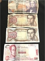 Set of four paper notes from Venezuela