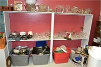 pots, pans, dishes, glassware and white shelf