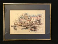 Framed vintage drawing of the coastal village