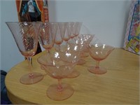 Set of pink stemware (6 tall and 7 short glasses)