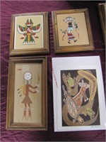 3 Native American sand paintings & print