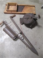 3 pcs vintage tools: kraut cutter, drop seeder,