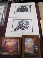 Pair of unframed prints & 2 framed pictures