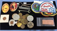 Tray lot with 2 bottle openers, jacket patches,