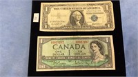 2 bills, 1957 one silver certificate dollar bill,