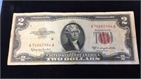 One 1953 C red seal $2.00 dollar bill, (793)