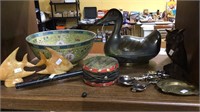 Shelf lot with Chinese Porcelain bowl, drum,